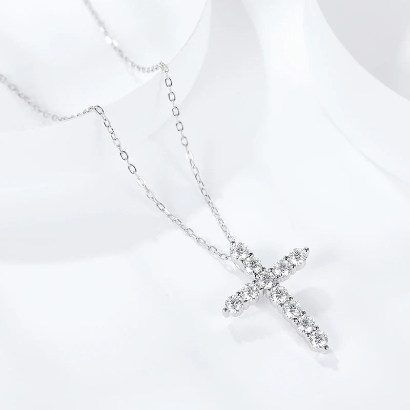 Cross Pendant Necklace - 18k White Gold, Silver Chain, Moissanite KNOBSPIN CERTIFIED