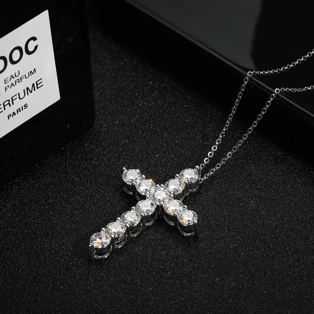 Cross Pendant Necklace - 18k White Gold, Silver Chain, Moissanite KNOBSPIN CERTIFIED