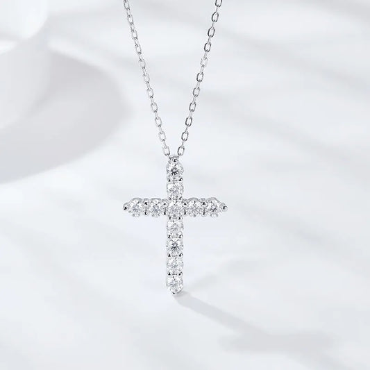 Cross Pendant Necklace - 18k White Gold, Silver Chain, Moissanite KNOBSPIN CERTIFIED