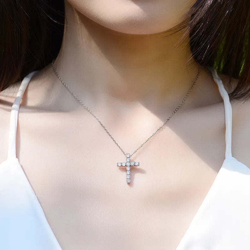 Cross Pendant Necklace - 18k White Gold, Silver Chain, Moissanite KNOBSPIN CERTIFIED