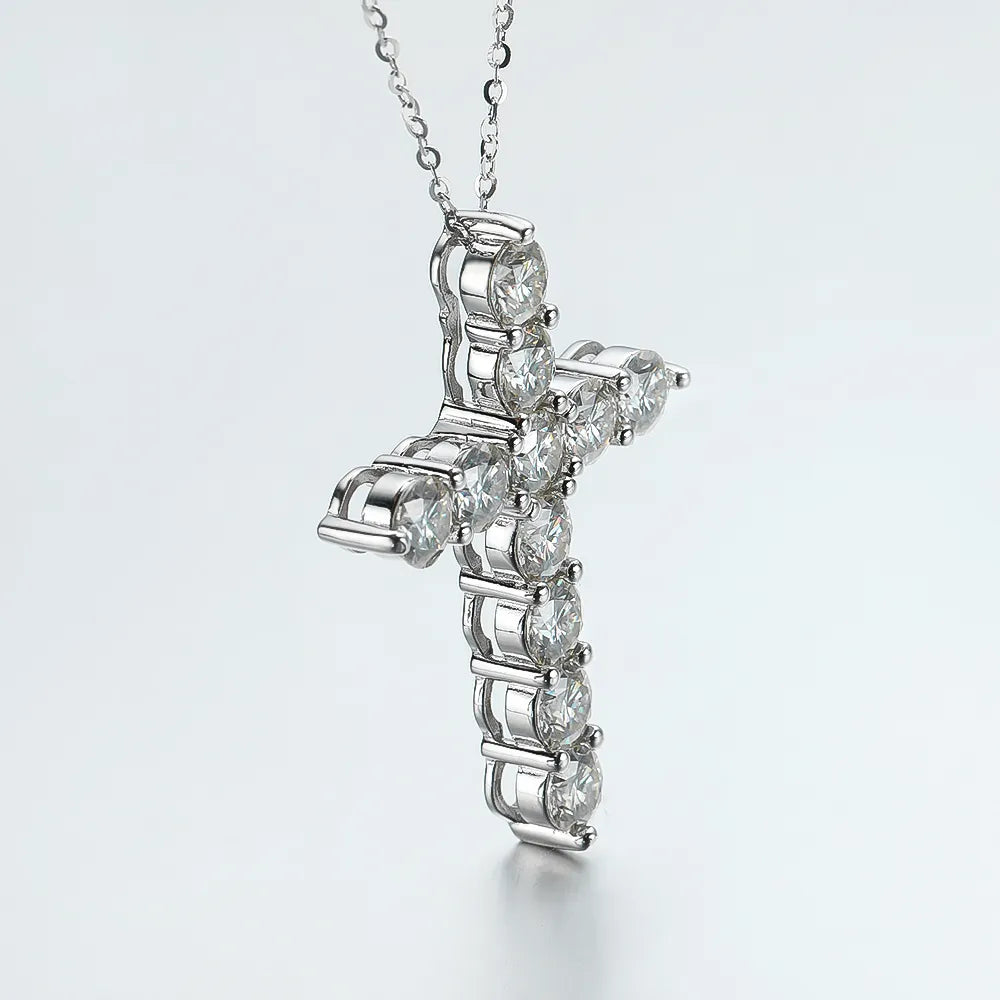 Cross Pendant Necklace - 18k White Gold, Silver Chain, Moissanite KNOBSPIN CERTIFIED