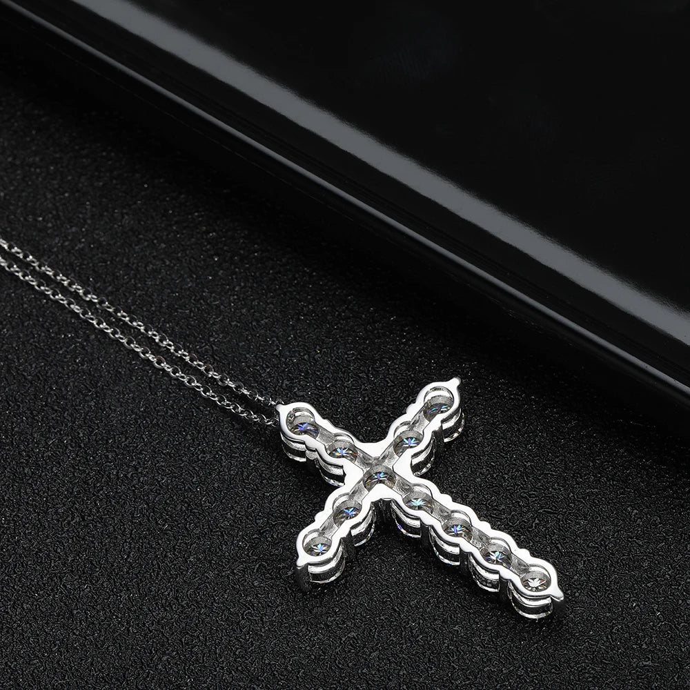 Cross Pendant Necklace - 18k White Gold, Silver Chain, Moissanite KNOBSPIN CERTIFIED